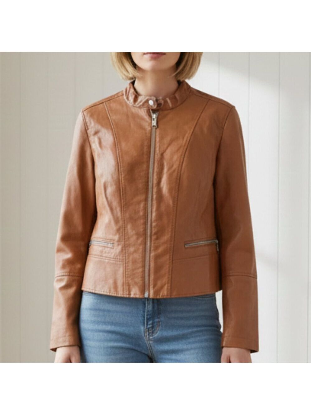 A MTL 1980 Faux Leather Jacket Tan Brown Moto Jacket Large Vegan